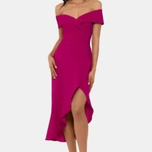 XSCAPE Womens Fuscia Ruffled Short Sleeve Off Shoulder Hi-Lo Dress 2